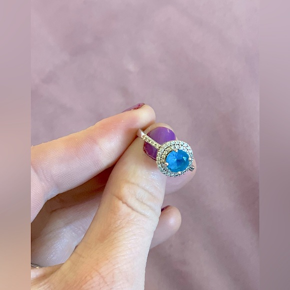 Genuine Blue Topaz Halo /circle Ring Size 7- Silver Ring With White Sapphires